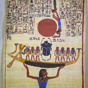 Khepera, the Egyptian solar deity, passes the sun to Osiris. Egyptian papyrus