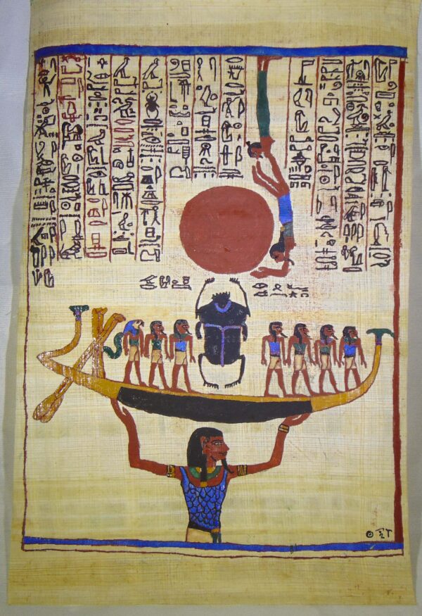 Khepera, the Egyptian solar deity, passes the sun to Osiris. Egyptian papyrus